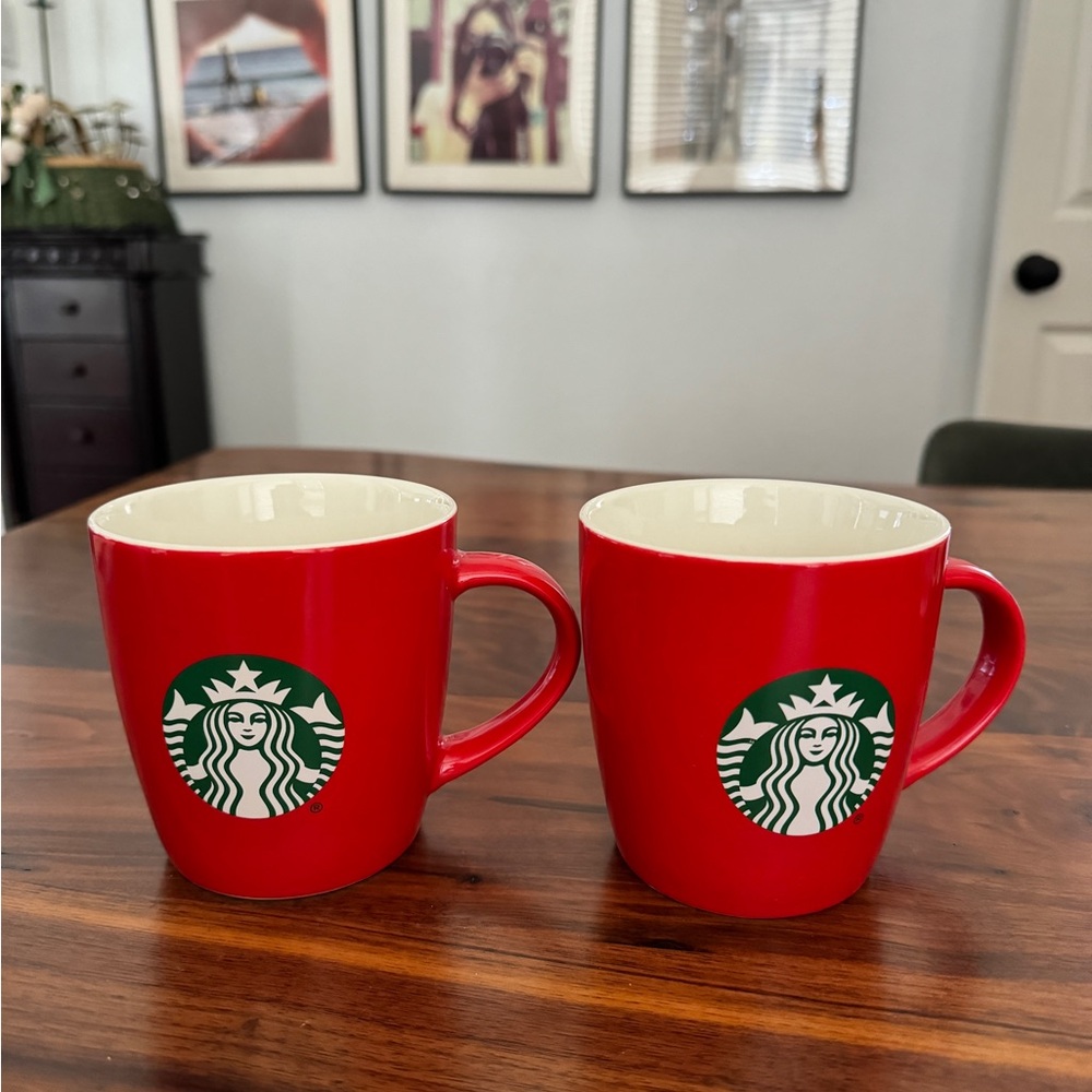 Set Of 2｜2021 STARBUCKS ~ RED Glaze ~ Green Mermaid Logo ~ 12 oz. Cup / Mug